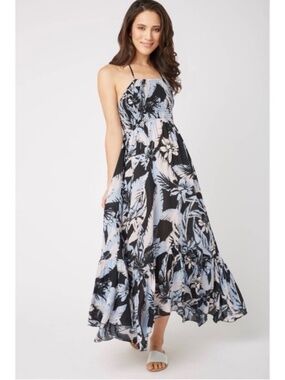 Free People Heat Wave Blue Floral Printed Smocked Halter Maxi Dress Size S